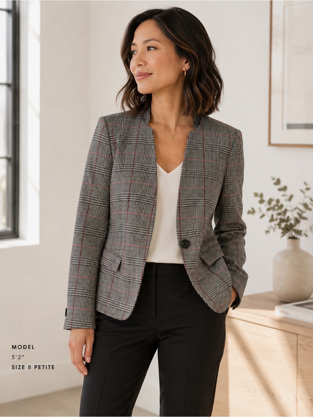 Premise Studio 8P Petite Plaid Blazer Gray Red Windowpane Career Jacket